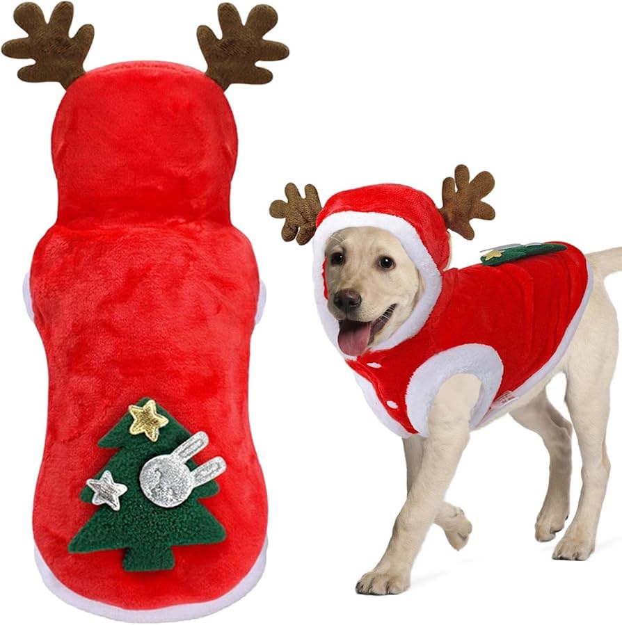 Red Reindeer Christmas Hoodie with Antlers & Tree on Top