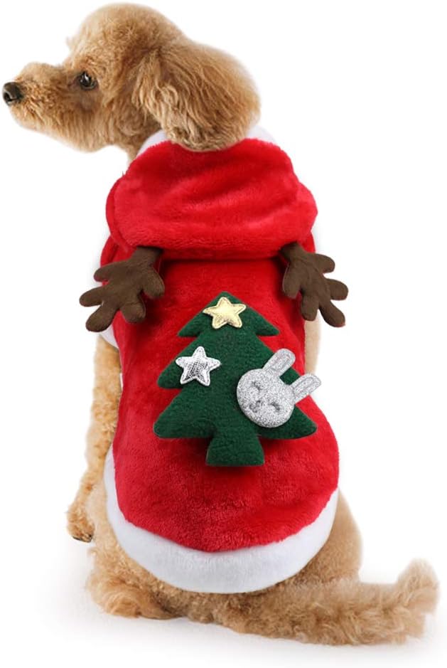 Red Reindeer Christmas Hoodie with Antlers & Tree on Top