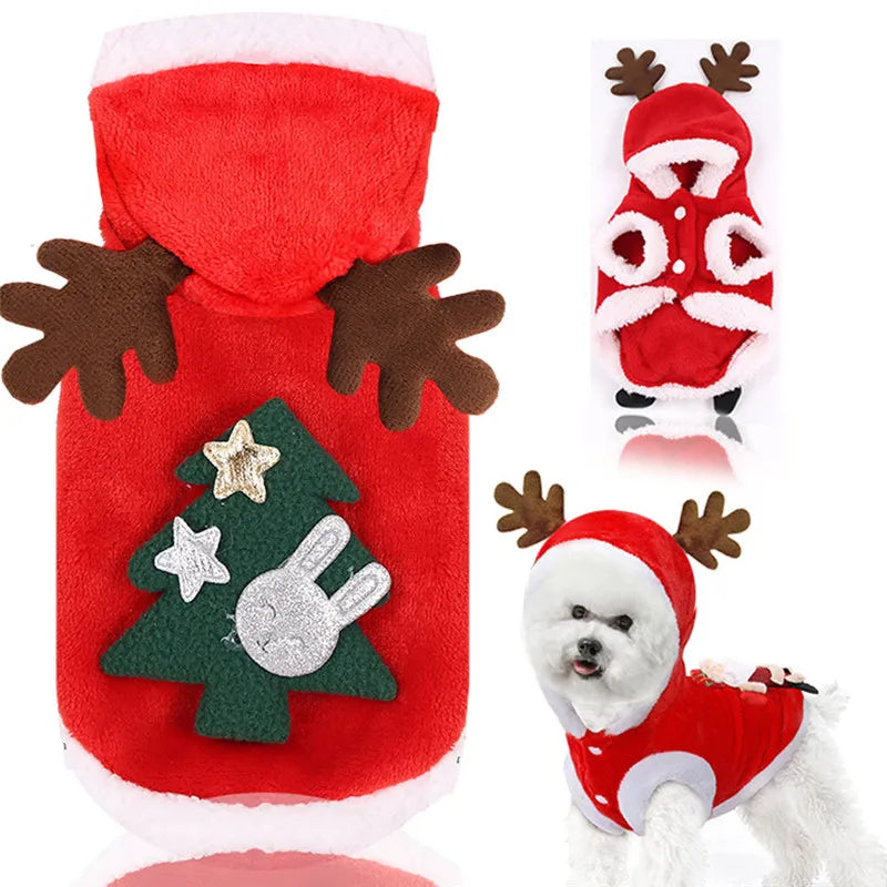 Red Reindeer Christmas Hoodie with Antlers & Tree on Top